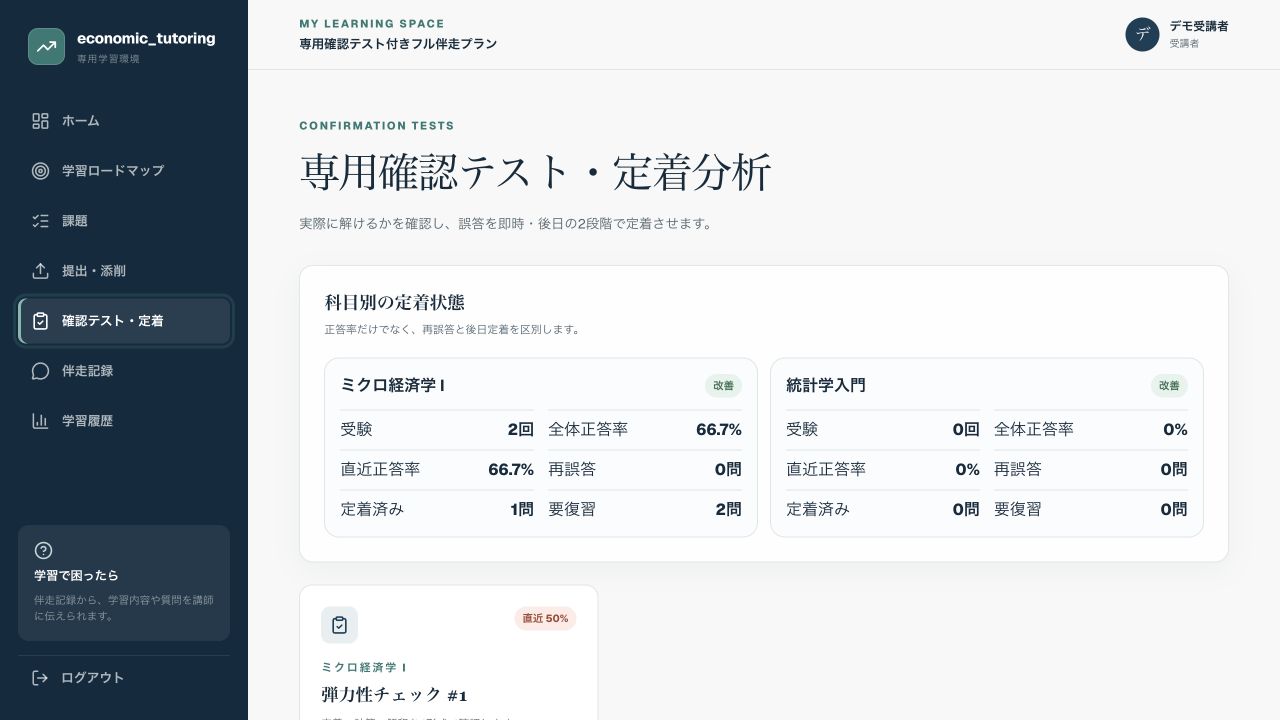 科目別の正答率、誤答、定着状況を確認する画面